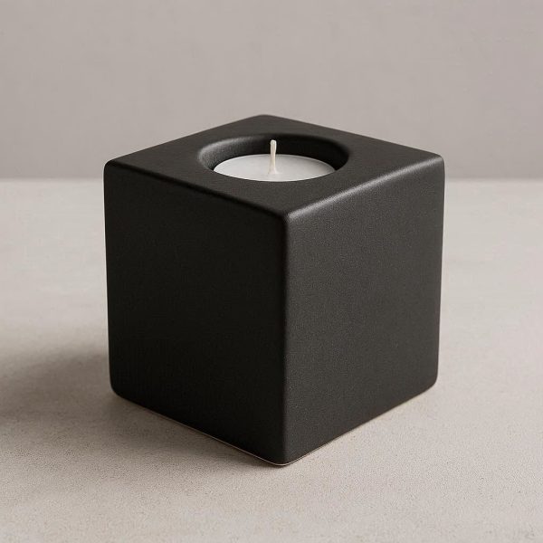 Matte Black Cube Ceramic Candle Holder - Geometric Centerpiece