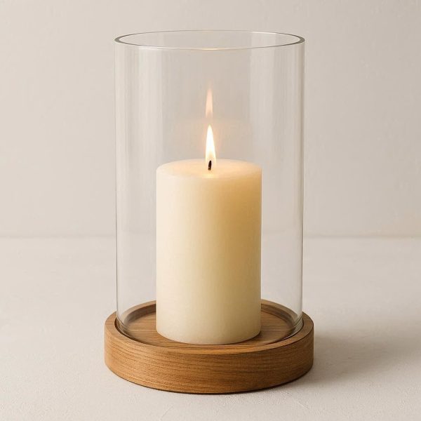 Clear Glass Cylinder with Wooden Base - Airy Candle Display